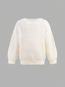 SHEIN Young Girl Loose Casual Minimalist Comfortable Crew Neck Long Sleeve Pullover Sweater,In Fall/Winter - White - View 3