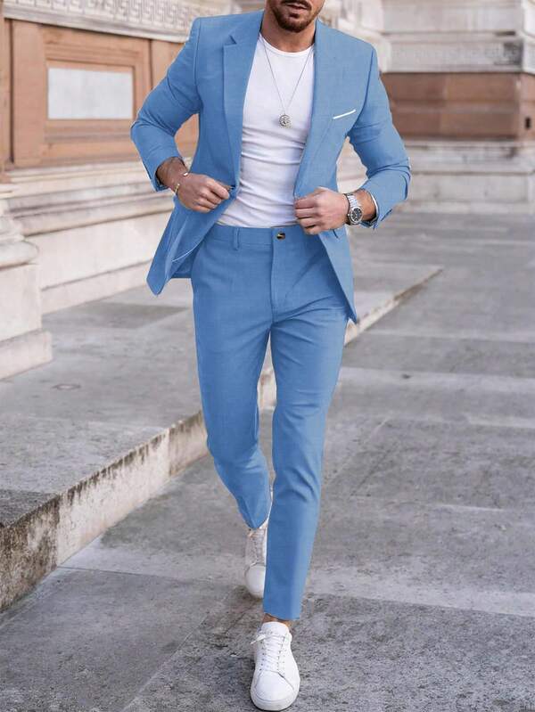 Manfinity Mode 男士淡蓝色西装两件套：修身休闲西装外套和裤子，打造时尚现代造型