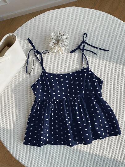 Comfortcana Navy Blue Polka Dot Crop Cami With Spaghetti Straps And Flared Hem Polka Dot Camisole Babydoll Top Babydoll Tops Polkadot Top Cute Summer Top