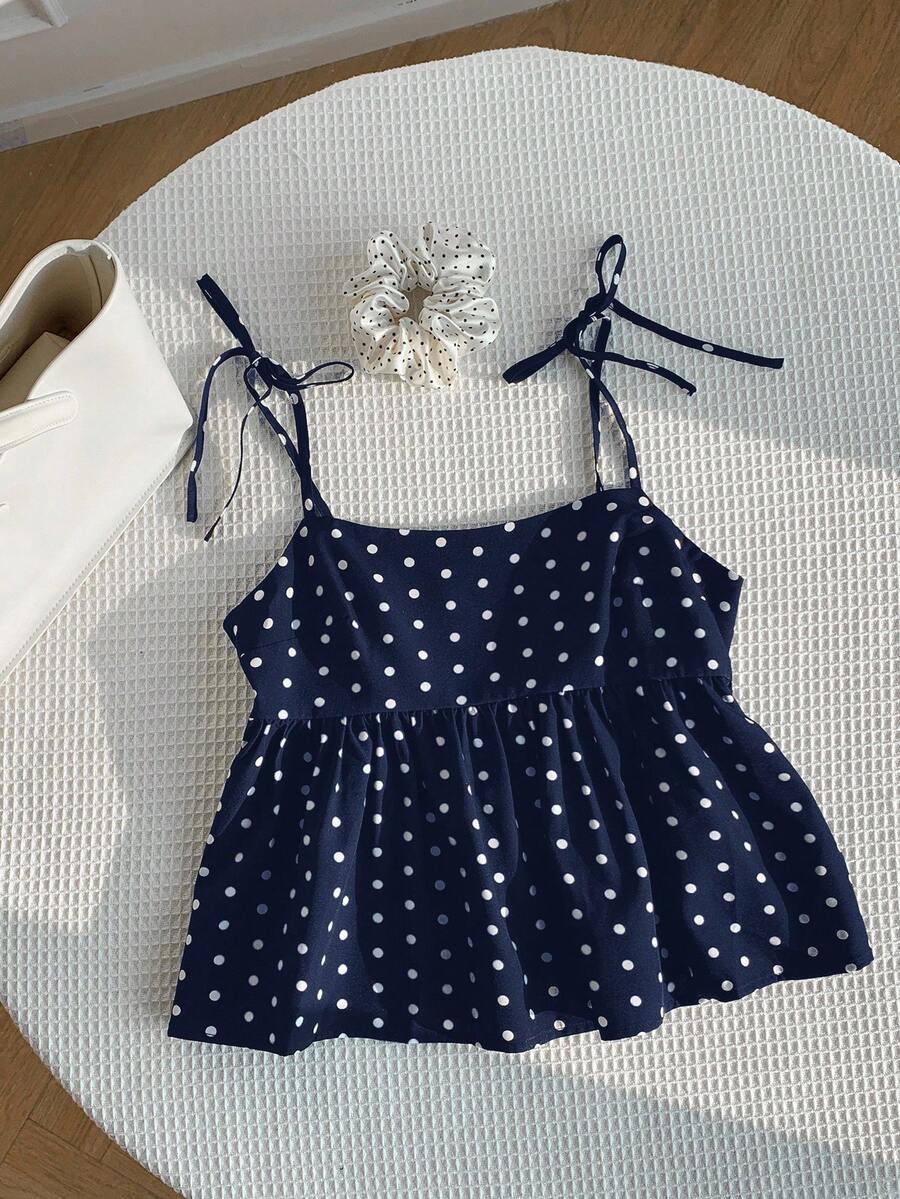 Comfortcana Áo hai dây chấm bi dệt màu trắng dành cho nữ - Màu xanh hải quân - Xem 1