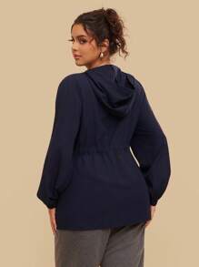 SHEIN VCAY 大码女式休闲户外露营夹克，带口袋和兜帽，运动装 - 黑色 - 查看 2