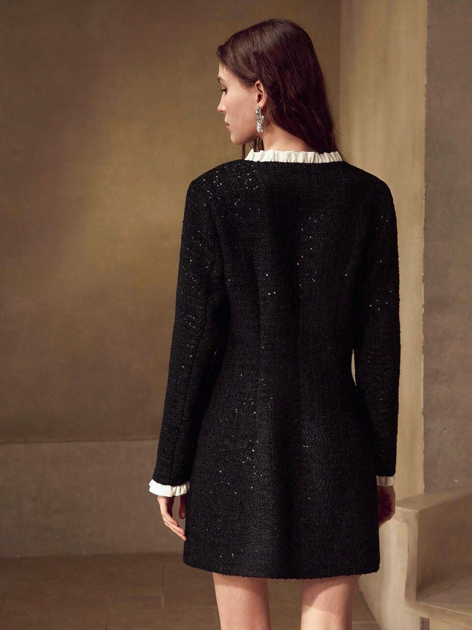 TWEED SEQUINS FAUX PEARLS EMBROIDERY DETAIL CONTRAST FRILL TRIM SHORT DRESS