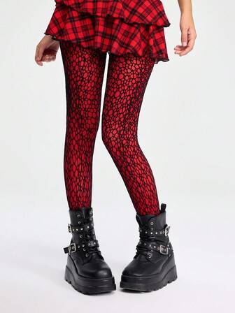 Grunge Punk 1pc Punk Style Ripped Fishnet Stockings + 1 Pair Red Solid Color Tights, Y2K Baddie Outfit Set, Suitable For Daily Street Fashion