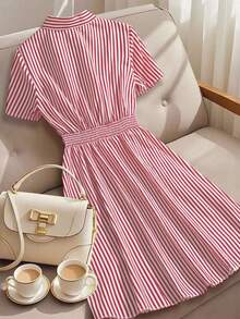 Franclia 女士休闲条纹连衣裙，夏季 - 紅色 - 查看 2