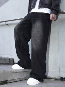 Manfinity Hypemode Men's Black Loose Fit Wide Leg Casual Jeans,Casual Street Style, All Season, Grunge - Black - View 1