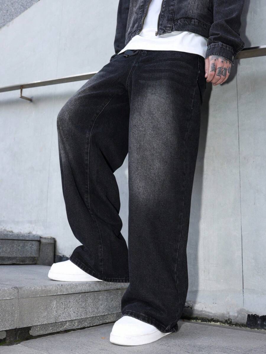 Manfinity Hypemode Men's Black Loose Fit Wide Leg Casual Jeans,Casual Street Style, All Season, Grunge - Black - View 1