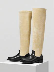 Mnmlis 圆头粗跟时尚英伦风靴子，女士侧拉链连衣裙靴，平底踝靴 - 杏色 - 查看 2