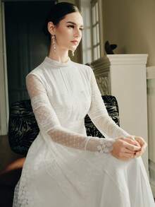 Anewsta Elegant & Gentle Embroidered Polka Dot Lace Patchwork Long Sleeve Stand Collar Party Dress, Vacation Style