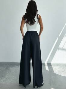 Firerie Pantalones envolventes negros sencillos y elegantes para mujer, de uso casual y para la oficina, de pierna ancha y suelta, adecuados para verano y otoño, con decoración de hebilla metálica en la cintura, para aeropuerto, vacaciones, profesora