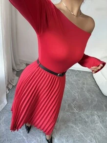Rafferiza 优雅红色斜领针织长袖连衣裙，搭配红色褶皱长裙和黑色精致腰带，简约纯色女式长裙，秋冬 - 紅色 - 查看 3