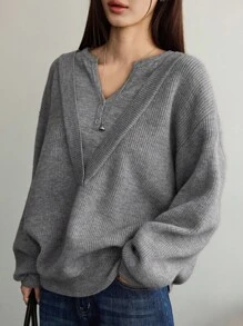 Dazy-Less Women's Loose Business Casual V-Neck Patchwork Pullover Sweater, Suitable For Commuting And Office Wear, Autumn/Winter - Grey - View 5