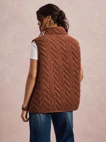 Freevana Plus Size Solid Color Front Zip Sleeveless Pocket Casual Padded Zip Up Coat, Daily Wear Halloween Pumpkin Color Christmas Winter  New Year  Thanksgiving Brown - Brown - View 7