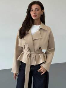 Aloruh Trench coat corto da donna con vita stretta, color cachi, versatile per l'autunno/inverno - Cachi - Visualizzare 3