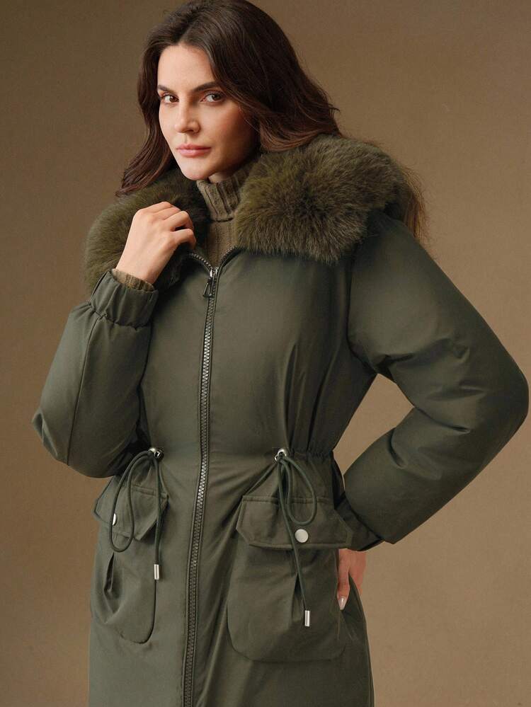 女性用カジュアル ウエストシャーリング ミドル丈 フワフワ取り外し可能 オーバーサイズ フェイクファー衿 ブラック ジップアップ パデッドコート、冬用