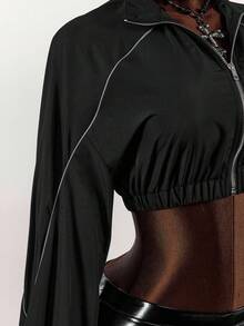 Amplova Áo khoác nữ mùa thu có chi tiết vá chữ tương phản viền ống màu đen - màu đen - Xem 6