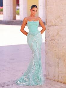 Glamrae Váy đuôi cá bằng vải satin đính kim sa và kim cương sang trọng, quyến rũ, thanh lịch, có đuôi, phù hợp cho đám cưới, tiệc tùng, dạ hội, sự kiện trang trọng (trang trí đậm) - Cỏ xanh - Xem 7