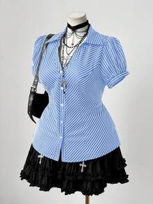 Sunspun 大码女式复古浪漫休闲时尚学院风条纹花卉印花多功能前开灯笼袖休闲衬衫，适合日常穿着、开学季、万圣节、节假日 - 藍白色 - 查看 4