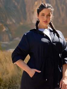 SHEIN VCAY 大码女式休闲户外露营夹克，带口袋和兜帽，运动装 - 黑色 - 查看 6