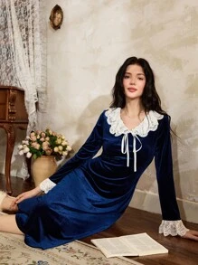 Côtesoire 女士法式优雅浪漫撞色蕾丝荷叶边睡裙，秋冬季舒适保暖 - 寶藍色 - 查看 4