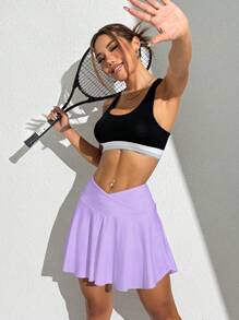 Gameset SHEIN Sport Women's Solid Color Asymmetric Waistband Pocket Sports Skort Purple Tennis Skirt Workout Skirt - Purple - View 6