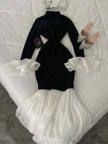 INAWLY فستان أنيق للحفلات للنساء بأكمام واسعة وذيل سمكة ملون - أبيض وأسود - مشاهدة 1