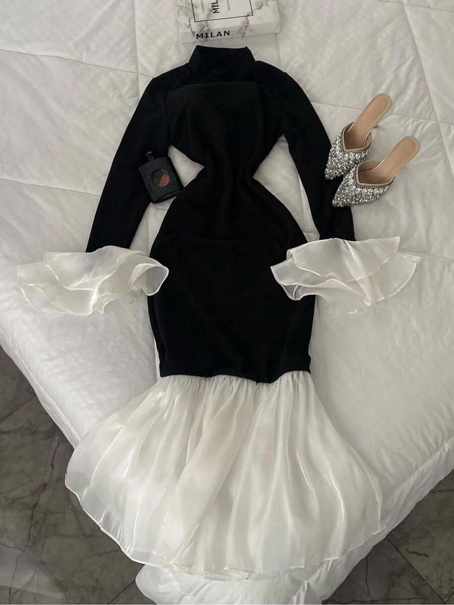 INAWLY فستان أنيق للحفلات للنساء بأكمام واسعة وذيل سمكة ملون - أبيض وأسود - مشاهدة 1