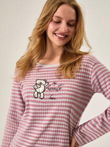 Loomlin Women Cotton Round Neck Rib Knit Striped Cute Bear&Letter Embroidery Detail Long Sleeve Homewear Pajama Sleep Dress - Multicolor - View 8