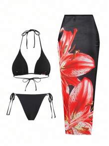 2025 休闲度假细肩带三角上衣、侧系带三角下装和长网纱裙女式三件套泳衣比基尼套装 - 黑色 - 查看 2