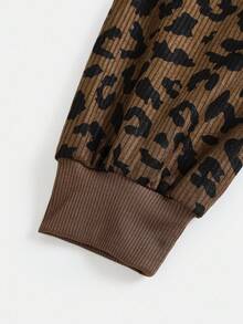 Girlism 少女休闲豹纹拉链长袖卫衣/万圣节、荧光色、秋季、冬季 - 咖啡棕 - 查看 5