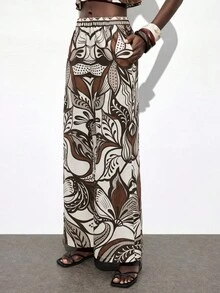 Maija Women's Floral Print Elastic Waist Slant Pocket Pants, Urban Commute Business Casual, Basic Wide Leg Trousers, Beach Pants, Bohemian Style Island Resort Vacation Beach Flower - Brown - View 4