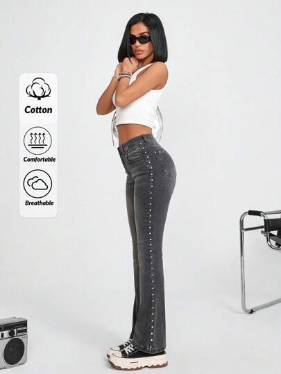 EURMUSE Women's Studded Pocket Flare Leg Casual Versatile Jeans Women S Outfits Work Outfits For Women Women S Cargo Pants  Women S Sets Women S Bottoms Women Jeans Plus Size Women Summer Clothing Woman S Summer Clothes Women Summer Sets