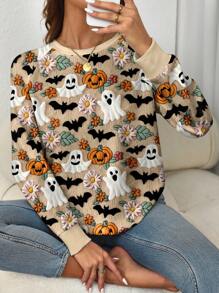 EMERY ROSE Apricot Ghost, Pumpkin, Bat Print Plus Size Halloween Raglan Sweatshirt Fall Cloth For Women Winter Autumn - Multicolor - View 3