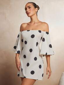 L'Amorae Off-Shoulder Polka Dot Print Mini Dress