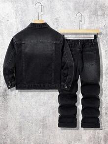 Tween Boys Denim Set, Loose Fit Distressed Black & Grey Jacket, Casual Vintage Straight Leg Washed Black & Grey Jeans Outfit Boys Jeans Suit Boys Denim Jacket And Jeans Set Black Jeans For Kids Boys Black Denim Outfit Set Jean Jacket Kids Fall Winter - Dark Grey - View 2
