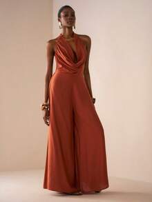 Zivah Mono de mujer con cuello halter, estilo suelto, de pernera ancha, estilo swing, en color rojo ladrillo marrón tejido, estilo celebridad de internet, elegante para vacaciones, citas diarias, playa, crucero, fiesta, 2025 nuevo estilo