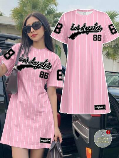 SHEIN Teen Girls Pink Striped Print Casual Midi Dress, Sporty College Style, Number 86 Graphic, Suitable For Summer Outfits, Easy Comfort, Autumn Layers For Teen Girl, Stylish Teen Girl, Casual Wear, Teen Girl Graphic Clothes, Fall Clothes, Suitable For Outdoor Picnic, Street Style, Home, Campus, Chill Chill