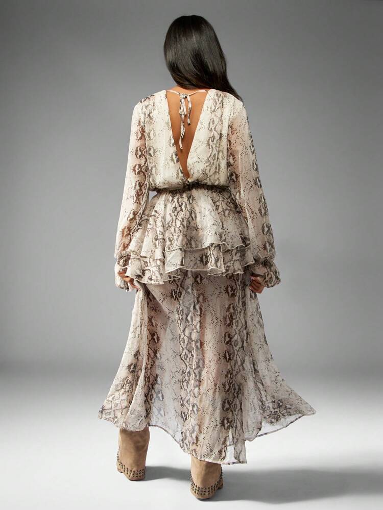 MISSGUIDED Maxikleid mit Schlangendruck, Rüschen an der Taille, Langarm, V-Ausschnitt, für Partys, Abendveranstaltungen, Hochzeitsgäste, Boho-Chic, elegant für Herbst und Winter