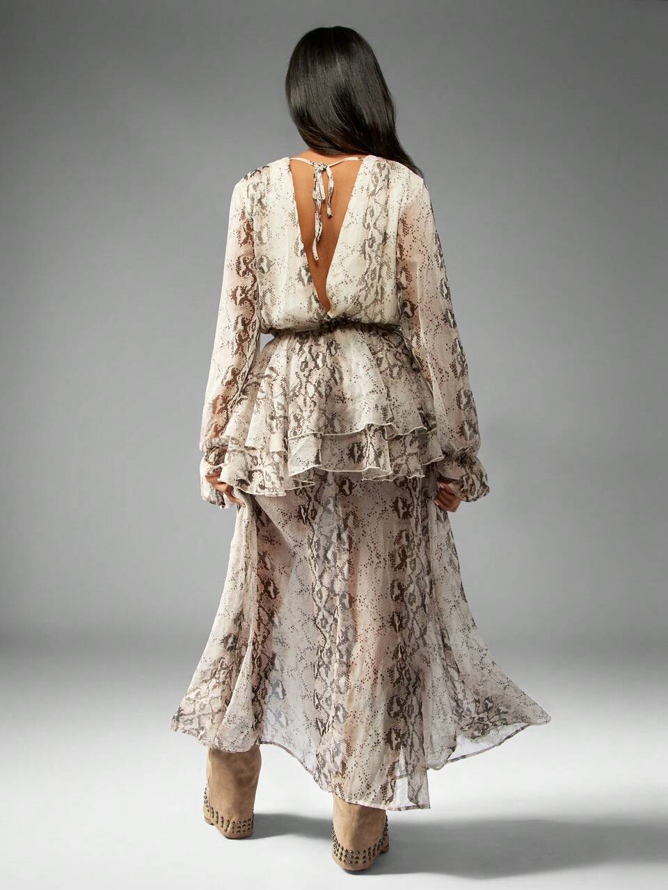 MISSGUIDED Snake Print Ruffle Waist Maxi Dress Long Sleeve V Neck Party Evening Wedding Guest Boho Chic Elegant Fall Winter Dress