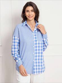 Miaspire 女士格子拼接落肩优雅衬衫 - 藍白色 - 查看 3