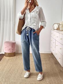 EMERY ROSE Mature Denim 女式休闲水洗抽绳腰牛仔裤 - 藍色 - 查看 6