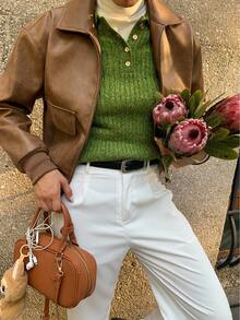 Siren Gaze Chic Brown PU Jacket For Women, 2025 New Fall Winter Clothes, Old Money Style Loose Fit Zip - Up With Patch Pockets, Elegant Casual Wear For Party/Commuting/Street Outfits, Must - Have Winter Jackets