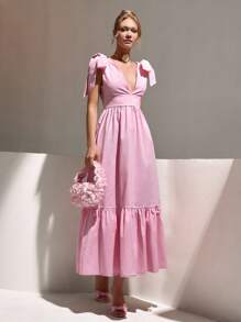 CLARA VERO Elegant Romantic Bow Shoulder Flowy Ruffle Hem Maxi Dress - Dusty Pink - View 4