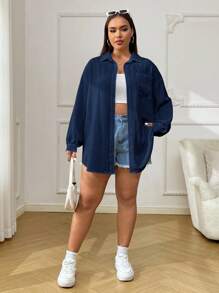SHEIN EZwear 大尺碼女款休閒百搭海軍藍襯衫，秋季 - 藏蓝色 - 查看 4
