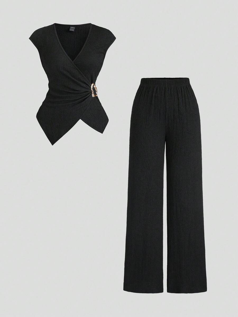 Sweetra Bộ 2 trang phục đi làm tối giản, thoải mái, khóa kim loại, họa tiết đan móc, mùa thu dành cho nữ - màu đen - Xem 1