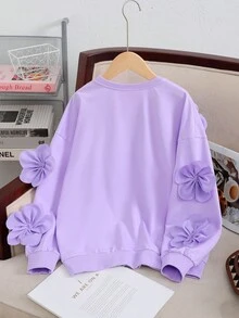 SHEIN 青少年女孩宽松休闲简约舒适圆领套头衫，带有 3D 花卉装饰 - 紫色 - 查看 2