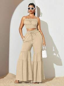 Sirith Conjunto de 2 piezas de camiseta de tirantes con volantes y pantalones anchos de patchwork de unicolor para mujer, conjunto de verano, traje casual de mujer, ropa de vacaciones de verano