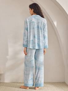 Ocili Comfortable Natural Geometric Mountain Texture Pattern Loose Long Sleeve Top & Pants Women Pajama Set Lounge Sets For Women Sleepwear, Fall Winter Clothes - Blue - View 3