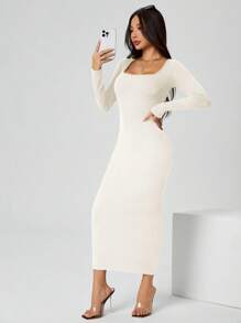 SHEIN PETITE 秋装纯色方领紧身黑色长袖连衣裙 - 白色 - 查看 5