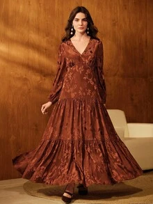 Anewsta 女式 V 领长袖拼接 A 字连衣裙，优雅刺绣棕色长款连衣裙，适合万圣节、圣诞节、新年假期 - 鏽棕色 - 查看 3