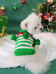 PETSIN 1pc Pet Green And White Striped Christmas Sweater, Cute Cats And Dogs Wearing Warm Autumn And Winter Clothes - Green and white stripes - View 3